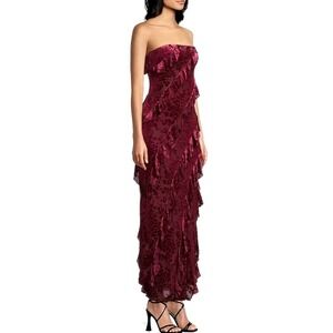 NEW! Thirty Thirty Strapless Burnout Asymmetrical Ruffle Velvet Dress Red SZ XL